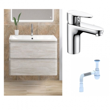 Комплект: Тумба с раковиной BelBagno Albano 90 rovere vintage bianco + Смеситель Wasserkraft Leine 3503 для раковины однорычажный хром + Сифон АниПласт