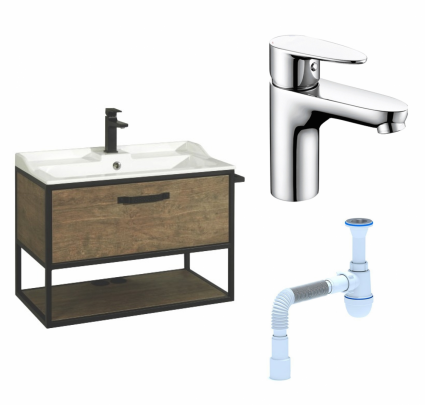 Комплект: Тумба с раковиной Акватон Лофт Фабрик 80 дуб кантри + Смеситель Wasserkraft Leine 3503 хром + Сифон АниПласт