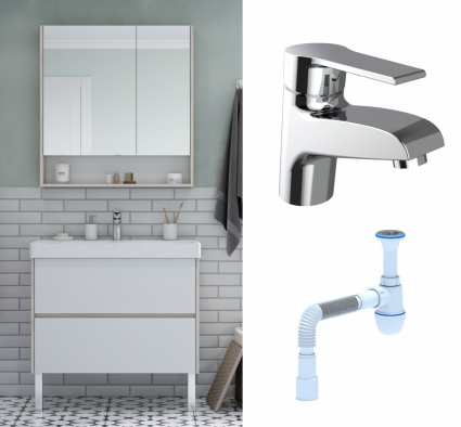 Комплект: Мебель для ванной Акватон Сканди 90 дуб верона + Смеситель Agger Right A2902100 хром + Сифон АниПласт
