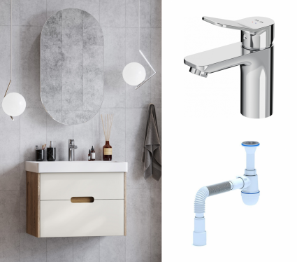 Комплект: Мебель для ванной Акватон Оливия 70 бежевый/дуб велл + Смеситель Am.Pm X-Joy F85A02100 Хром + Сифон АниПласт