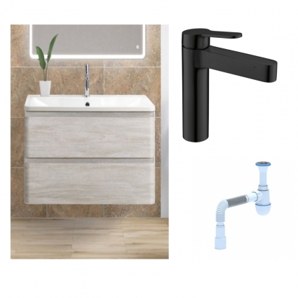 Комплект: Тумба с раковиной BelBagno Albano 100 rovere vintage bianco + Смеситель для раковины BelBagno Delta DEL-LVM-NERO однорычажный черный + Сифон АниПласт
