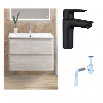 Комплект: Тумба с раковиной BelBagno Albano 100 rovere vintage bianco +  Смеситель Aquanet Static AF330-10B для раковины, чёрный + Сифон АниПласт