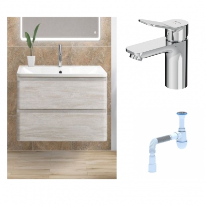 Комплект: Тумба с раковиной BelBagno Albano 100 rovere vintage bianco + Смеситель Am.Pm X-Joy F85A02100 для раковины однорычажный, хром + Сифон АниПласт