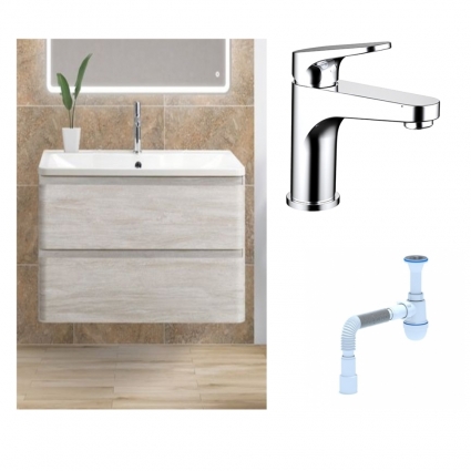 Комплект: Тумба с раковиной BelBagno Albano 100 rovere vintage bianco + Смеситель Bravat Eler F1191238CP-RUS для раковины однорычажный, хром + Сифон АниПласт