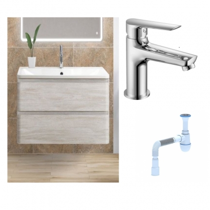 Комплект: Тумба с раковиной BelBagno Albano 100 rovere vintage bianco + Смеситель для раковины Haiba HB10198, хром + Сифон АниПласт