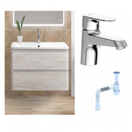 Комплект: Тумба с раковиной BelBagno Albano 100 rovere vintage bianco +  Смеситель Bravat Alfa F1120178CP для раковины, хром + Сифон АниПласт