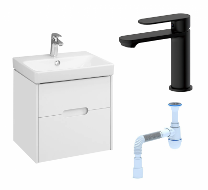 Комплект: Тумба с раковиной Акватон Оливия 55 белая матовая + Смеситель Haiba HB10590-7 черный + Сифон АниПласт