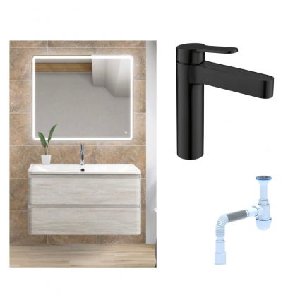 Комплект: Мебель для ванной BelBagno Albano 80 rovere vintage bianco + Смеситель для раковины BelBagno Delta DEL-LVM-NERO однорычажный, черный + Сифон АниПласт