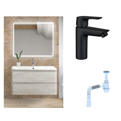 Комплект: Мебель для ванной BelBagno Albano 80 rovere vintage bianco + Смеситель Aquanet Static AF330-10B для раковины, чёрный + Сифон АниПласт