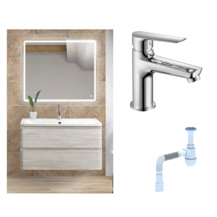 Комплект: Мебель для ванной BelBagno Albano 80 rovere vintage bianco + Смеситель для раковины Haiba HB10198, хром + Сифон АниПласт