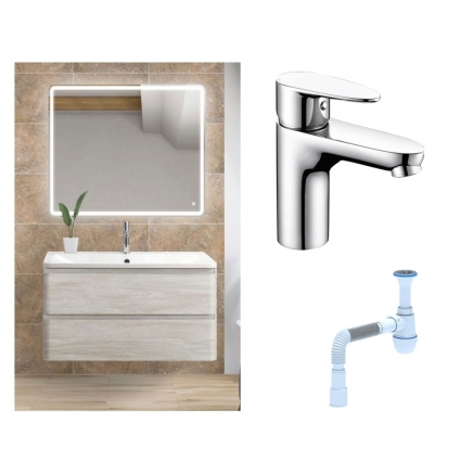 Комплект: Мебель для ванной BelBagno Albano 90 rovere vintage bianco + Смеситель Wasserkraft Leine 3503 для раковины однорычажный, хром + Сифон АниПласт