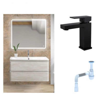 Комплект: Мебель для ванной BelBagno Albano 100 rovere vintage bianco + Смеситель для раковины Haiba HB10803-7, черный + Сифон АниПласт