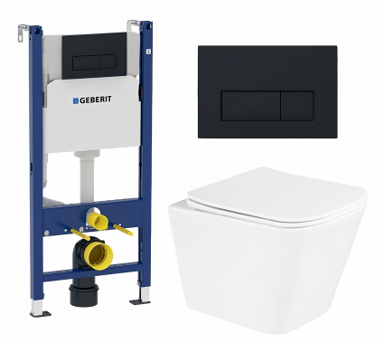 Комплект 3 в 1 инсталляция Geberit Duofix + Унитаз подвесной BelBagno Due BB3103CHR/SC + кнопка черная матовая
