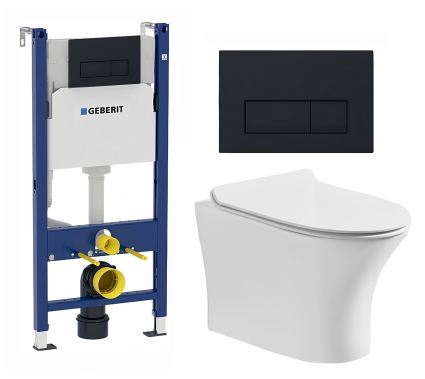 Комплект 3 в 1 инсталляция Geberit Duofix + Подвесной безободковый унитаз CeruttiSpa Bernina aria CT7191 + кнопка черная матовая