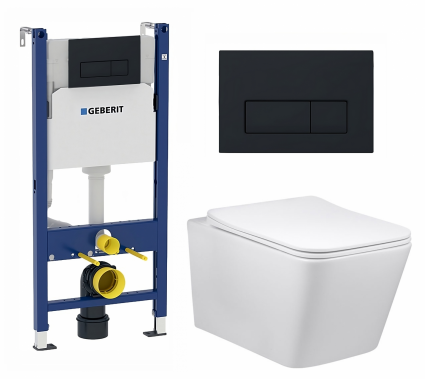 Комплект 3 в 1 инсталляция Geberit Duofix + Унитаз Vincea Q-Line VT1-12 + кнопка черная матовая