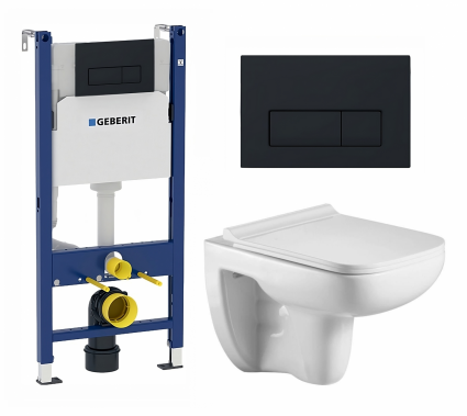 Комплект 3 в 1 инсталляция Geberit Duofix + Подвесной унитаз WeltWasser Kehlbach 004 GL-WT + кнопка черная матовая
