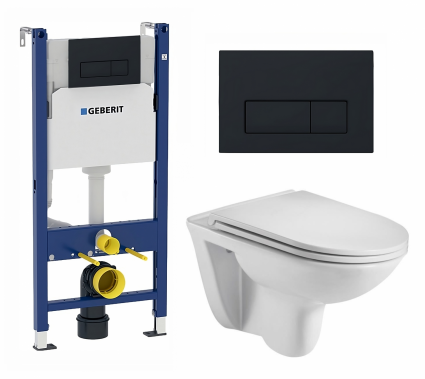 Комплект 3 в 1 инсталляция Geberit Duofix + Подвесной унитаз WeltWasser Baarbach 004 GL-WT + кнопка черная матовая