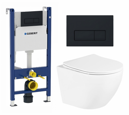 Комплект 3 в 1 инсталляция Geberit Duofix + Унитаз подвесной BelBagno Uno BB3105CHR/SC + кнопка черная матовая