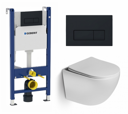 Комплект 3 в 1 инсталляция Geberit Duofix + Унитаз подвесной SantiLine SL-5005 + кнопка черная матовая