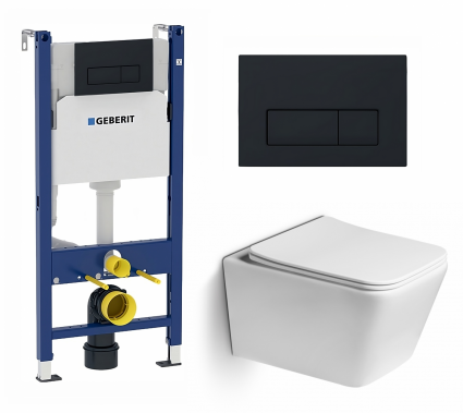 Комплект 3 в 1 инсталляция Geberit Duofix + Унитаз подвесной SantiLine SL-5007 + кнопка черная матовая