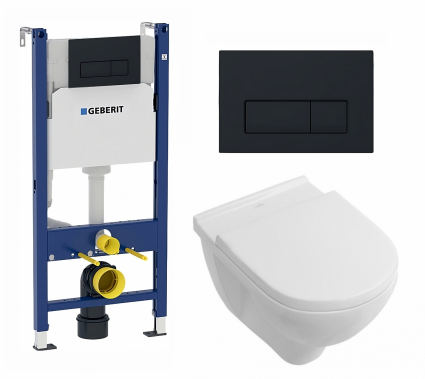 Комплект 3 в 1 инсталляция Geberit Duofix + Унитаз подвесной Villeroy & Boch O Novo + кнопка черная матовая