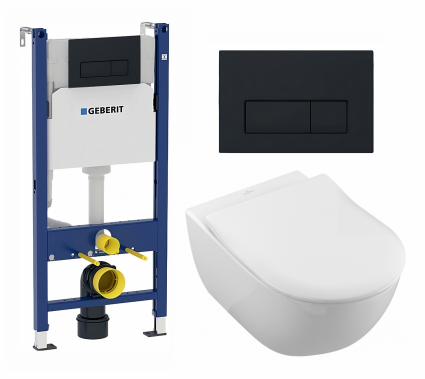 Комплект 3 в 1 инсталляция Geberit Duofix + Унитаз подвесной Villeroy & Boch Subway 2.0 5614R201 + кнопка черная матовая