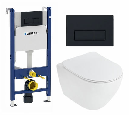 Комплект 3 в 1 инсталляция Geberit Duofix + Унитаз подвесной Cezares Stylus CZR-513-TH-R + кнопка черная матовая