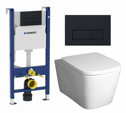 Комплект 3 в 1 инсталляция Geberit Duofix + Унитаз подвесной BelBagno Albano BB120CHR + кнопка черная матовая