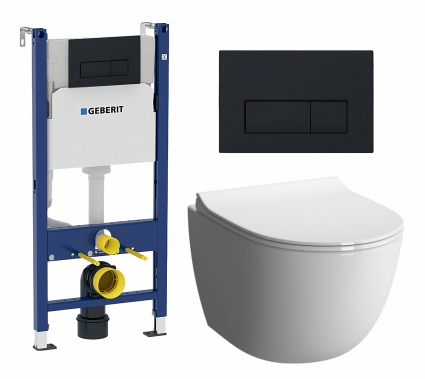 Комплект 3 в 1 инсталляция Geberit Duofix + Унитаз подвесной VitrA Sento 7748В003-0075 + кнопка черная матовая