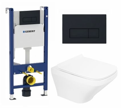 Комплект 3 в 1 инсталляция Geberit Duofix + Унитаз подвесной BelBagno Sela BB3201CHR + кнопка черная матовая