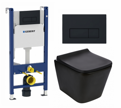 Комплект 3 в 1 инсталляция Geberit Duofix + Подвесной унитаз WeltWasser Gelbach 043 MT-BL + кнопка черная матовая