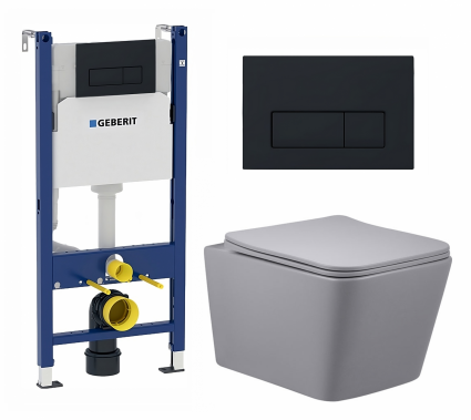 Комплект 3 в 1 инсталляция Geberit Duofix + Унитаз подвесной Vincea Q-Line VT1-12MG + кнопка черная матовая