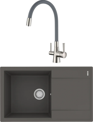 Комплект Мойка кухонная Lemark Imandra 840 9910035 серый шелк + Смеситель Comfort LM3075BN с гибким изливом, никель, серый