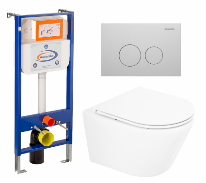 Комплект 3 в 1 инсталляция Enio Aquanika + Унитаз подвесной BelBagno Tre BB8001CHR/SC + кнопка белая круглая