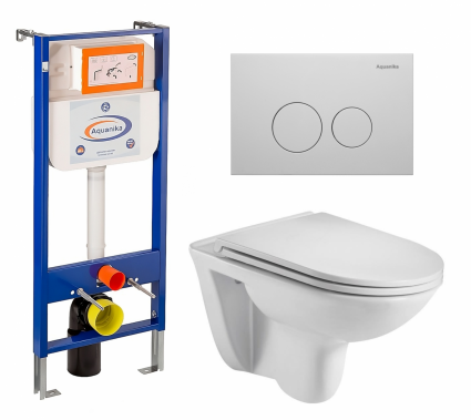 Комплект 3 в 1 инсталляция Enio Aquanika + Подвесной унитаз WeltWasser Baarbach 004 GL-WT + кнопка белая круглая