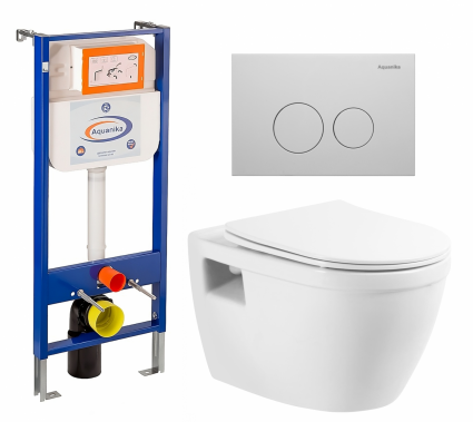 Комплект 3 в 1 инсталляция Enio Aquanika + Унитаз подвесной BelBagno Loto BB070CHR/SC + кнопка белая круглая
