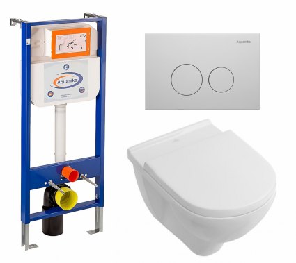Комплект 3 в 1 инсталляция Enio Aquanika + Унитаз подвесной Villeroy & Boch O Novo + кнопка белая круглая