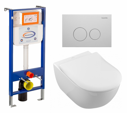 Комплект 3 в 1 инсталляция Enio Aquanika + Унитаз подвесной Villeroy & Boch Subway 2.0 5614R201 + кнопка белая круглая