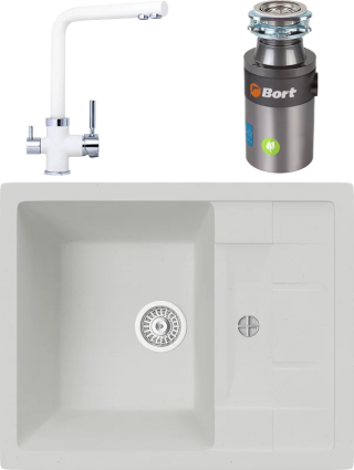 Комплект Мойка кухонная TopZero Scarlett 615.500-07 Ice + Смеситель Alphons ice 07 + Измельчитель Bort Titan 4000 Plus