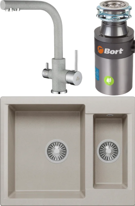 Комплект Мойка кухонная Polygran Brig 620 серая + Смеситель Paulmark Essen Es213011-310 серый + Измельчитель Bort Titan 4000 Plus