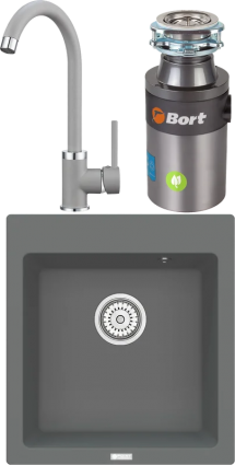 Комплект Мойка кухонная Point Моко 47 серая + Смеситель PN3101 серый + Измельчитель Bort Titan 4000 Plus