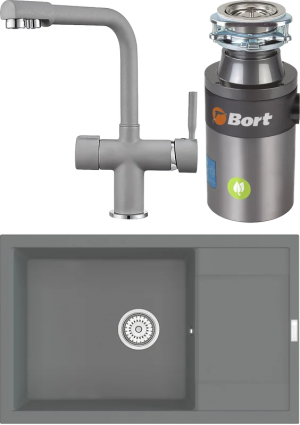 Комплект Мойка кухонная Point Велета 78 серая + Смеситель PN3104 серый + Измельчитель Bort Titan 4000 Plus