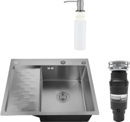 Комплект Мойка кухонная РМС MRK-6350BL-R c дозатором, графит + Измельчитель Bone Crusher BC 910-SL-Slim Line