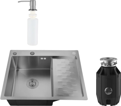 Комплект Мойка кухонная РМС MRK-6350BL-L c дозатором, графит + Измельчитель Bone Crusher BC 910-AS