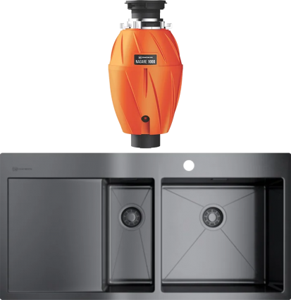 Комплект Мойка кухонная Omoikiri Akisame 100-2-GM-R вороненая сталь + Измельчитель Nagare 1000