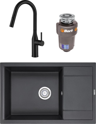 Комплект Мойка кухонная Granula 7805, черный + Смеситель Gappo G4398-46 с выдвижным изливом, черный + Измельчитель Bort Titan Max Power