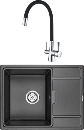 Комплект Мойка кухонная Paulmark Flugen 50-650 PM216550-BL черный + Смеситель Lemark Comfort LM3075C с гибким изливом, хром, черный