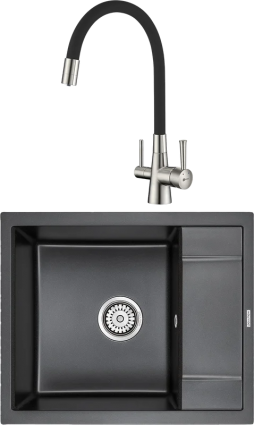 Комплект Мойка кухонная Paulmark Flugen 50-600 PM216050-BL черная + Смеситель Lemark Comfort LM3075BN-Black с гибким изливом, никель, черный