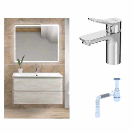 Комплект: Мебель для ванной BelBagno Albano 100 rovere vintage bianco + Смеситель Am.Pm X-Joy F85A02100 для раковины однорычажный, хром + Сифон АниПласт