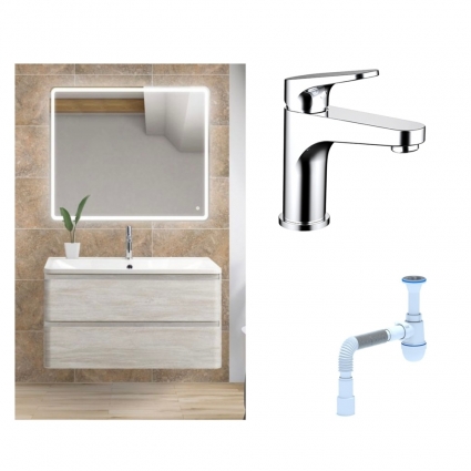 Комплект: Мебель для ванной BelBagno Albano 100 rovere vintage bianco + Смеситель Bravat Eler F1191238CP-RUS для раковины однорычажный, хром + Сифон АниПласт